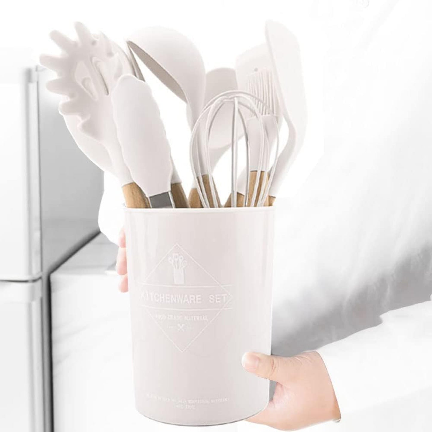 Set 12 Utensilios Cocina Silicona/Madera Premium Gris