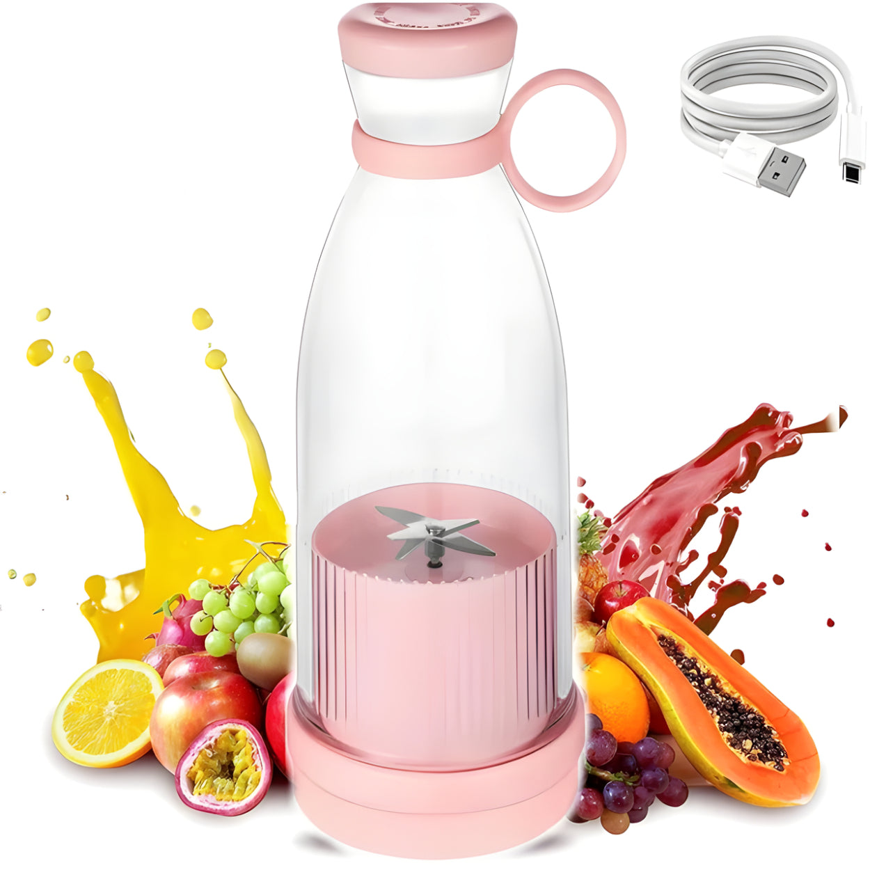Juguera Vaso Portátil USB Recargable 420ml Rosada
