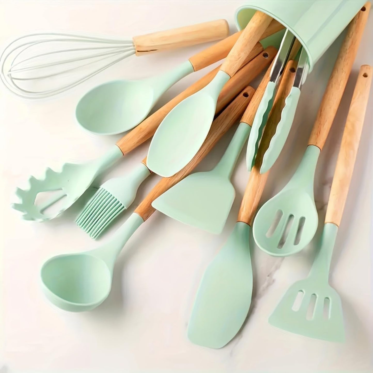 Set 12 Utensilios Cocina Silicona/Madera Premium Verde