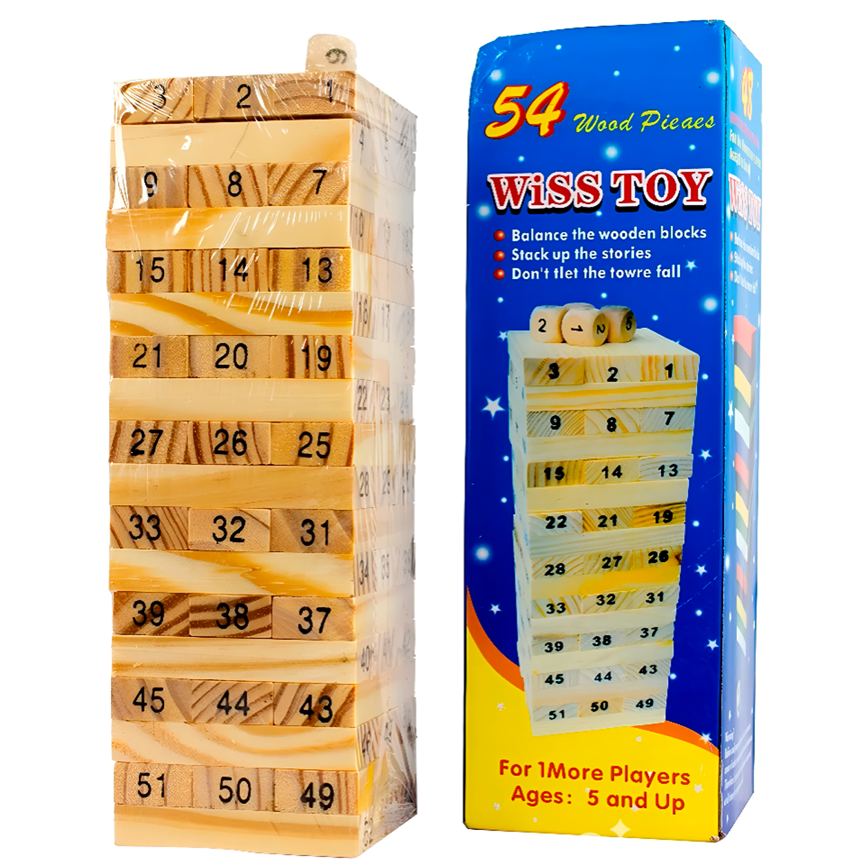 Jenga Madera 54 Piezas Juego Destreza Habilidad + 4 Dados