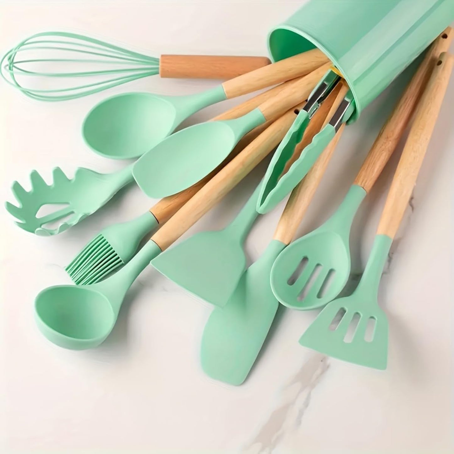 Set 12 Utensilios Cocina Silicona/Madera Premium Verde Claro