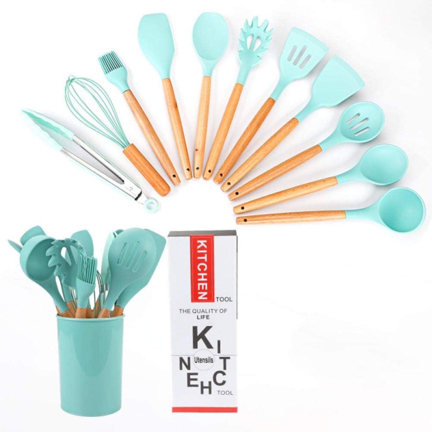 Set 12 Utensilios Cocina Silicona/Madera Premium Verde Claro