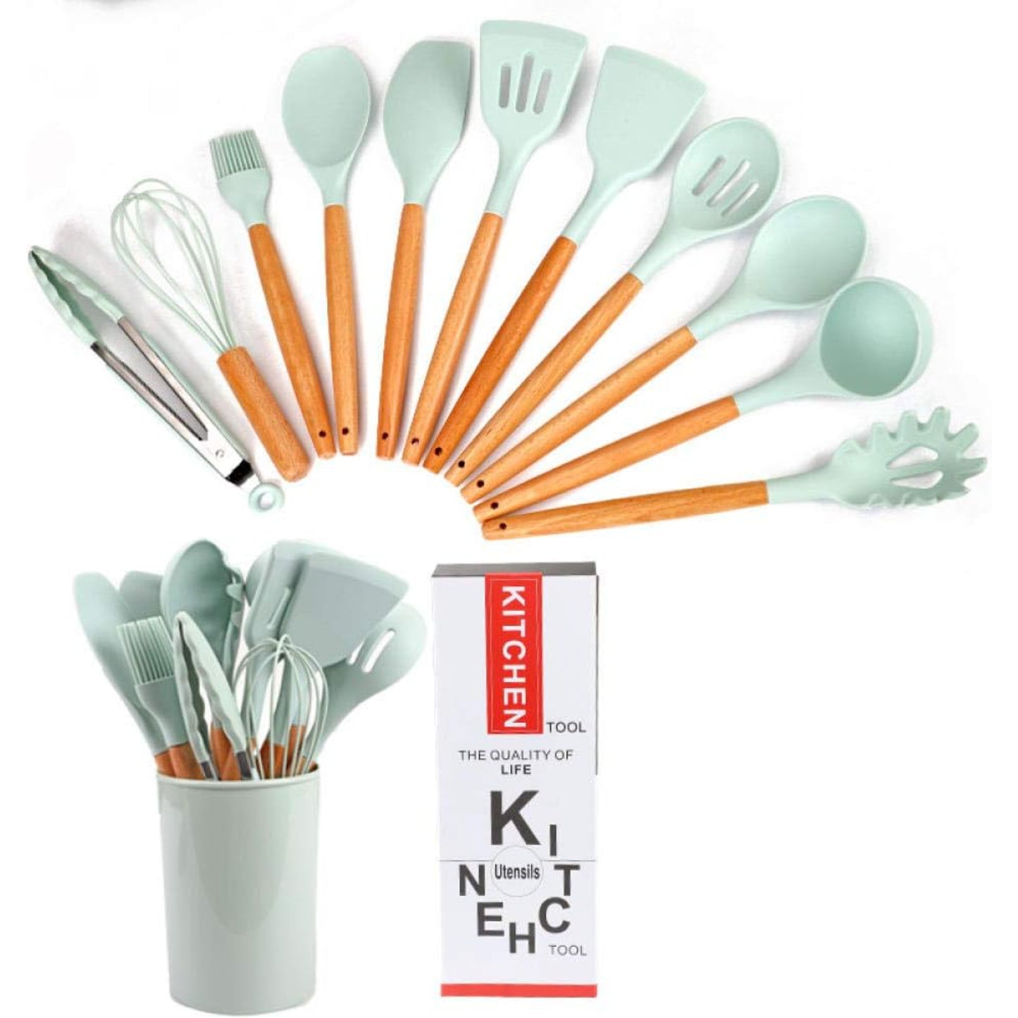 Set 12 Utensilios Cocina Silicona/Madera Premium Verde