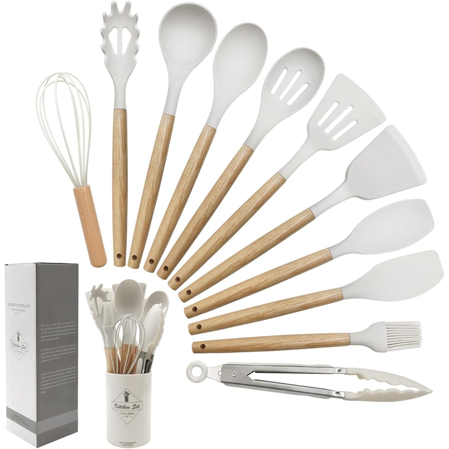 Set 12 Utensilios Cocina Silicona/Madera Premium Gris