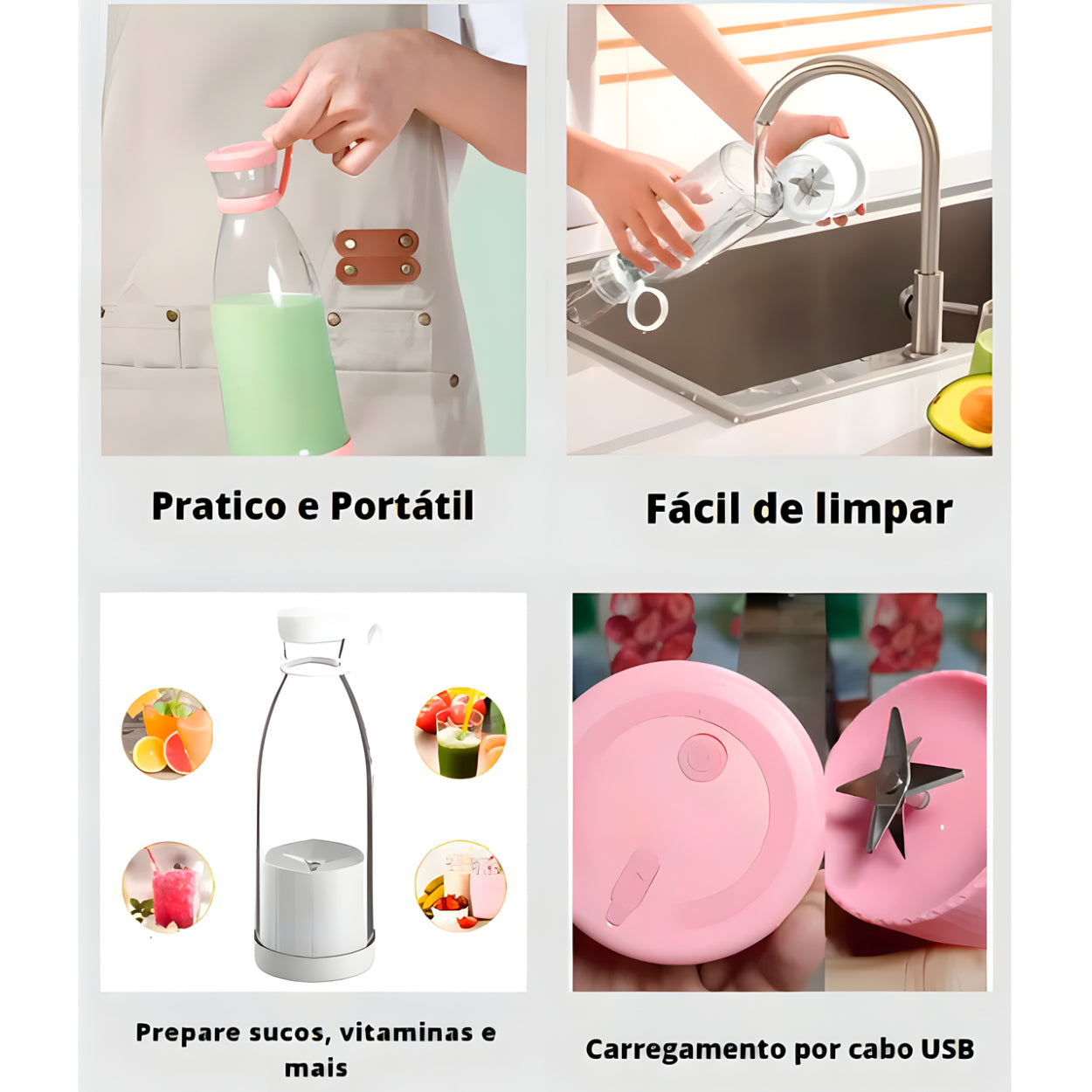 Juguera Vaso Portátil USB Recargable 420ml Rosada