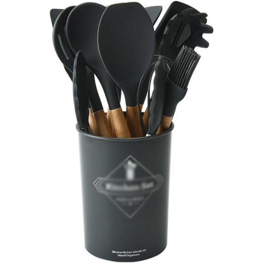 Set 12 Utensilios Cocina Silicona/Madera Premium Negro