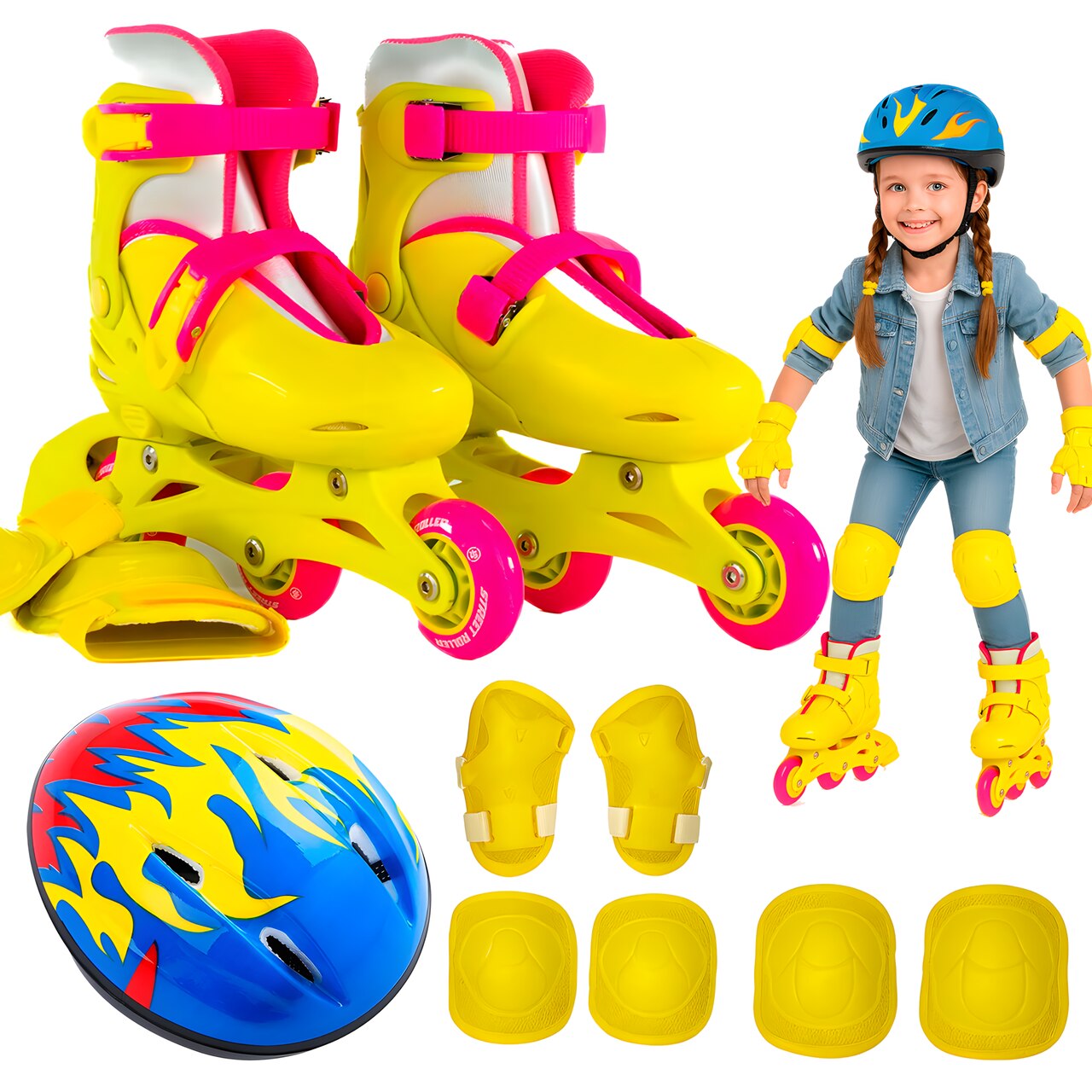 Kit Patines en Línea Ajustables Niña C/ Protecciones y Casco