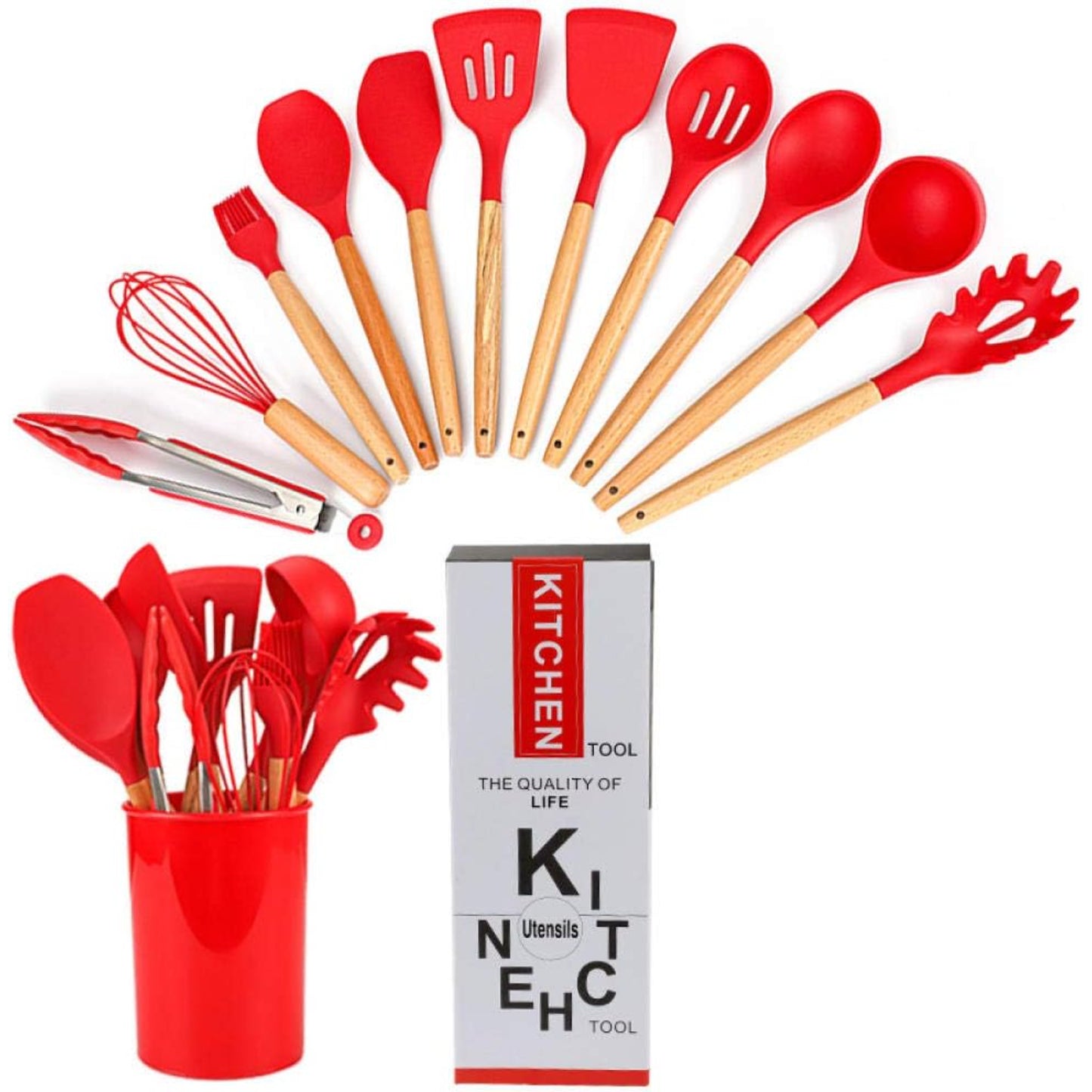 Set 12 Utensilios Cocina Silicona/Madera Premium Rojo