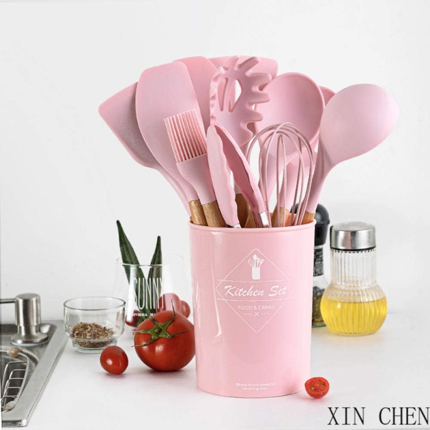Set 12 Utensilios Cocina Silicona/Madera Premium Rosado
