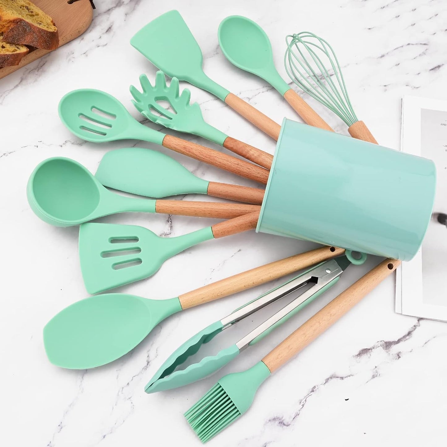 Set 12 Utensilios Cocina Silicona/Madera Premium Verde