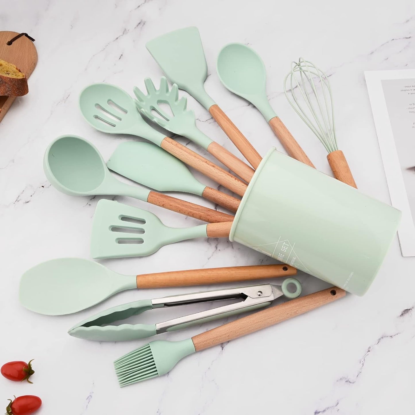 Set 12 Utensilios Cocina Silicona/Madera Premium Verde