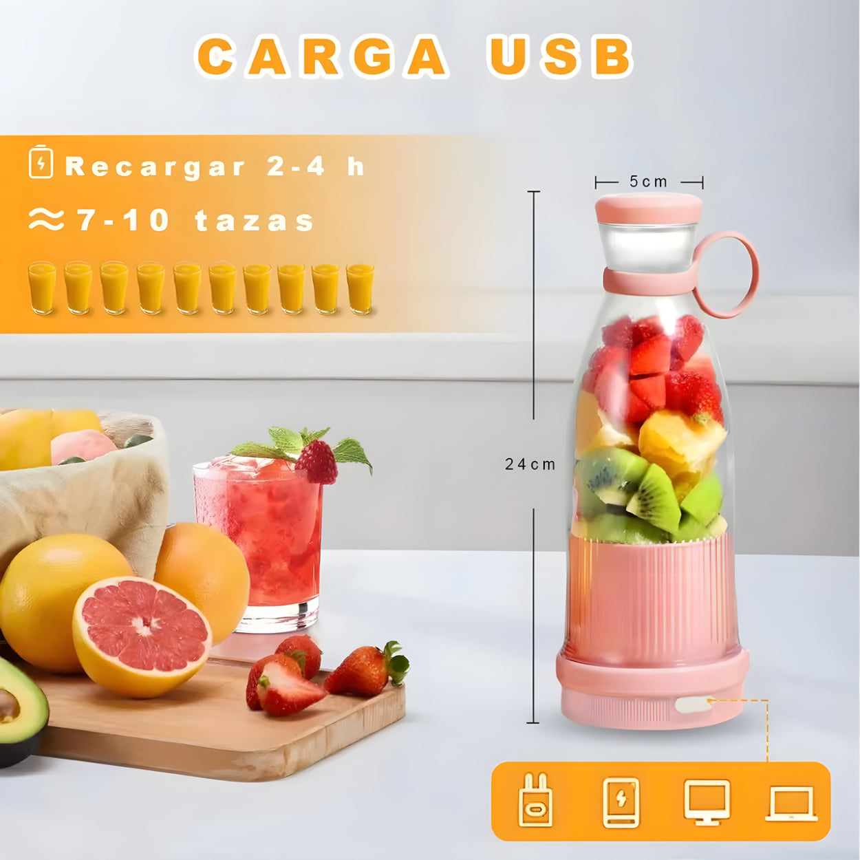 Juguera Vaso Portátil USB Recargable 420ml Rosada