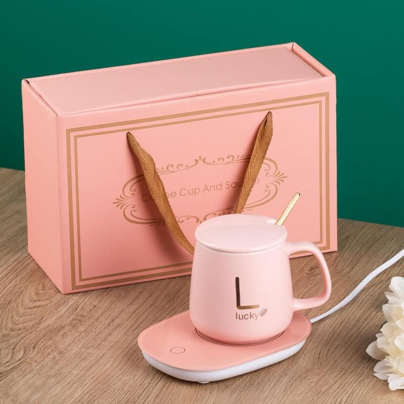Taza C/ Calentador Eléctrico + Cuchara y Caja Rosada