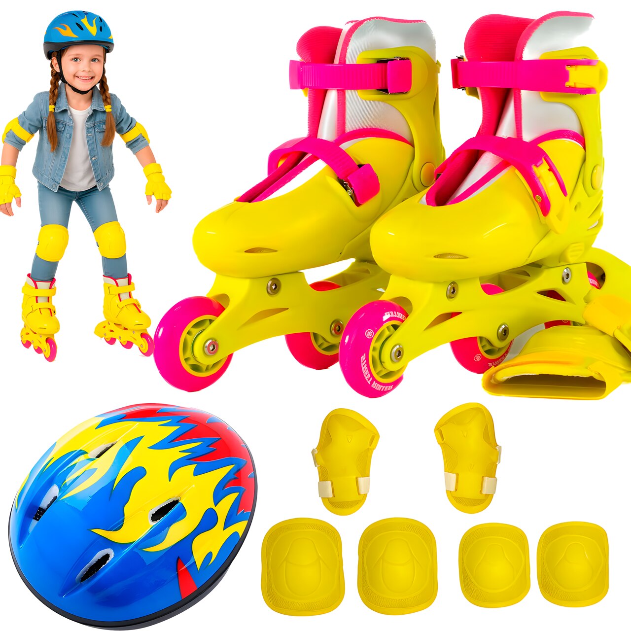 Kit Patines en Línea Ajustables Niña C/ Protecciones y Casco