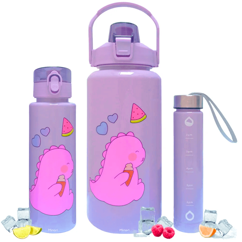Pack 3 en 1 de Botellas de Agua Motivacionales Kawaii, 2 Litros, 900 ml, 300 ml