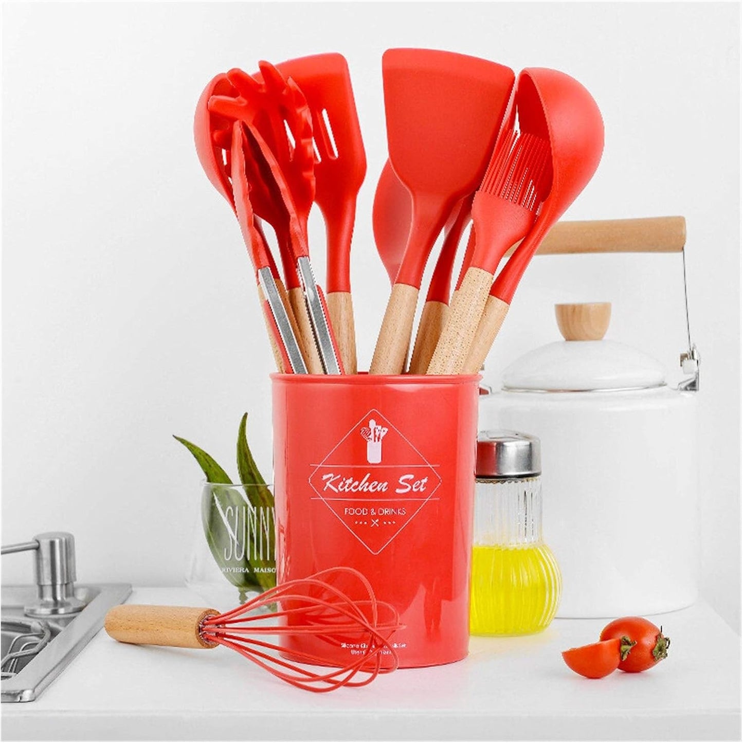 Set 12 Utensilios Cocina Silicona/Madera Premium Rojo