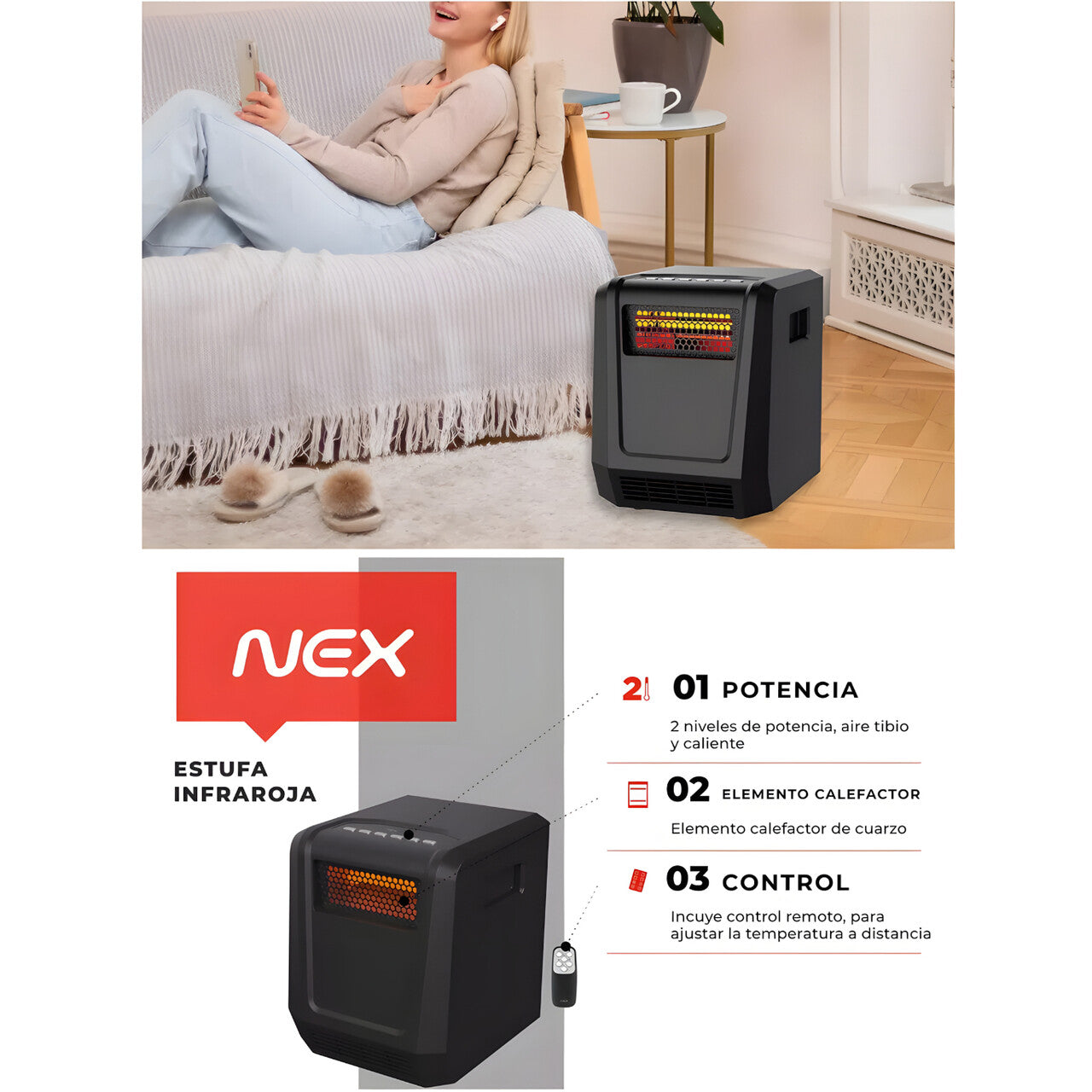 Estufa Calefactor Infrarroja NEX 1500W C/Control Remoto