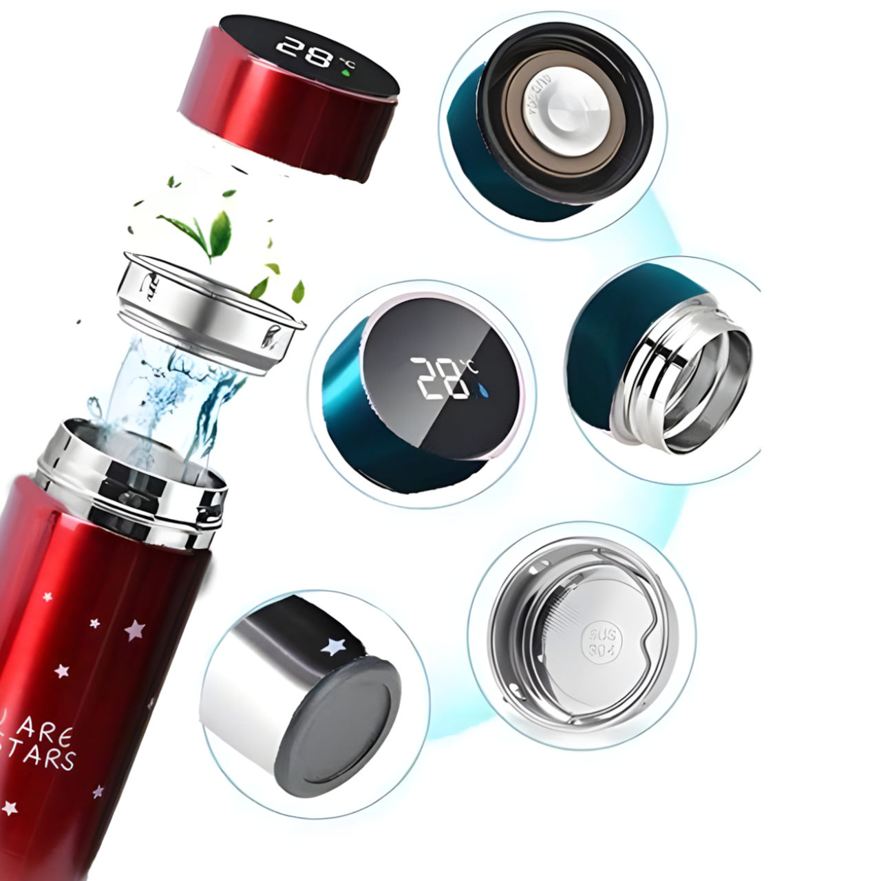 Termo Acero 500ml C/ Pantalla Led Frío/Calor Rojo