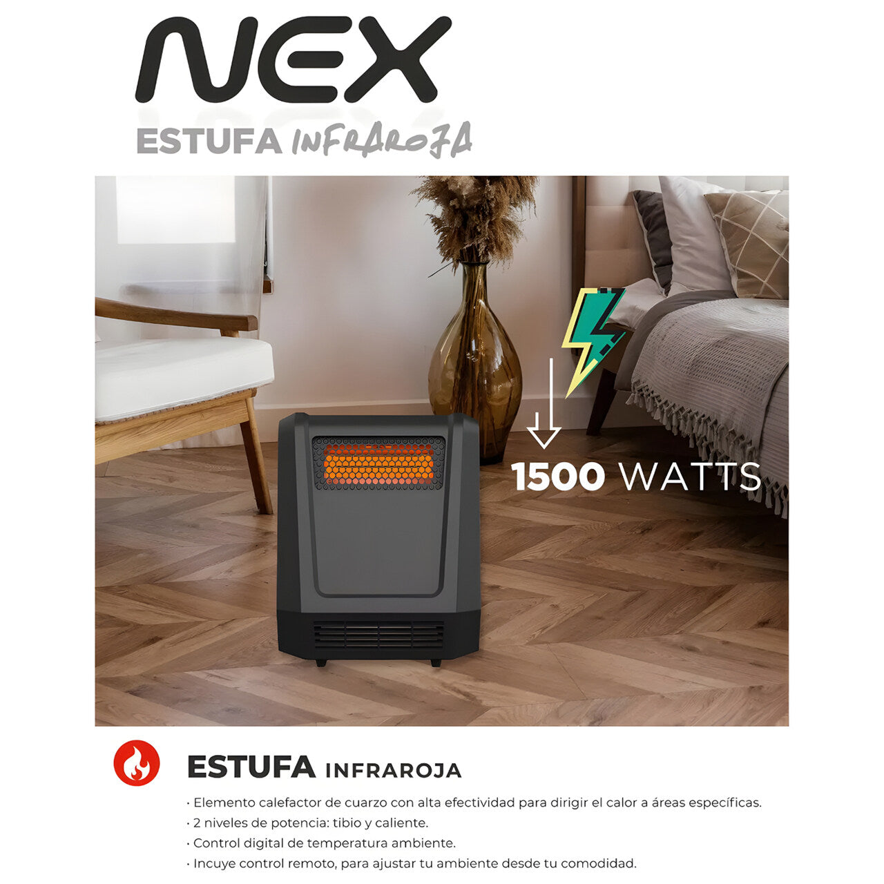 Estufa Calefactor Infrarroja NEX 1500W C/Control Remoto