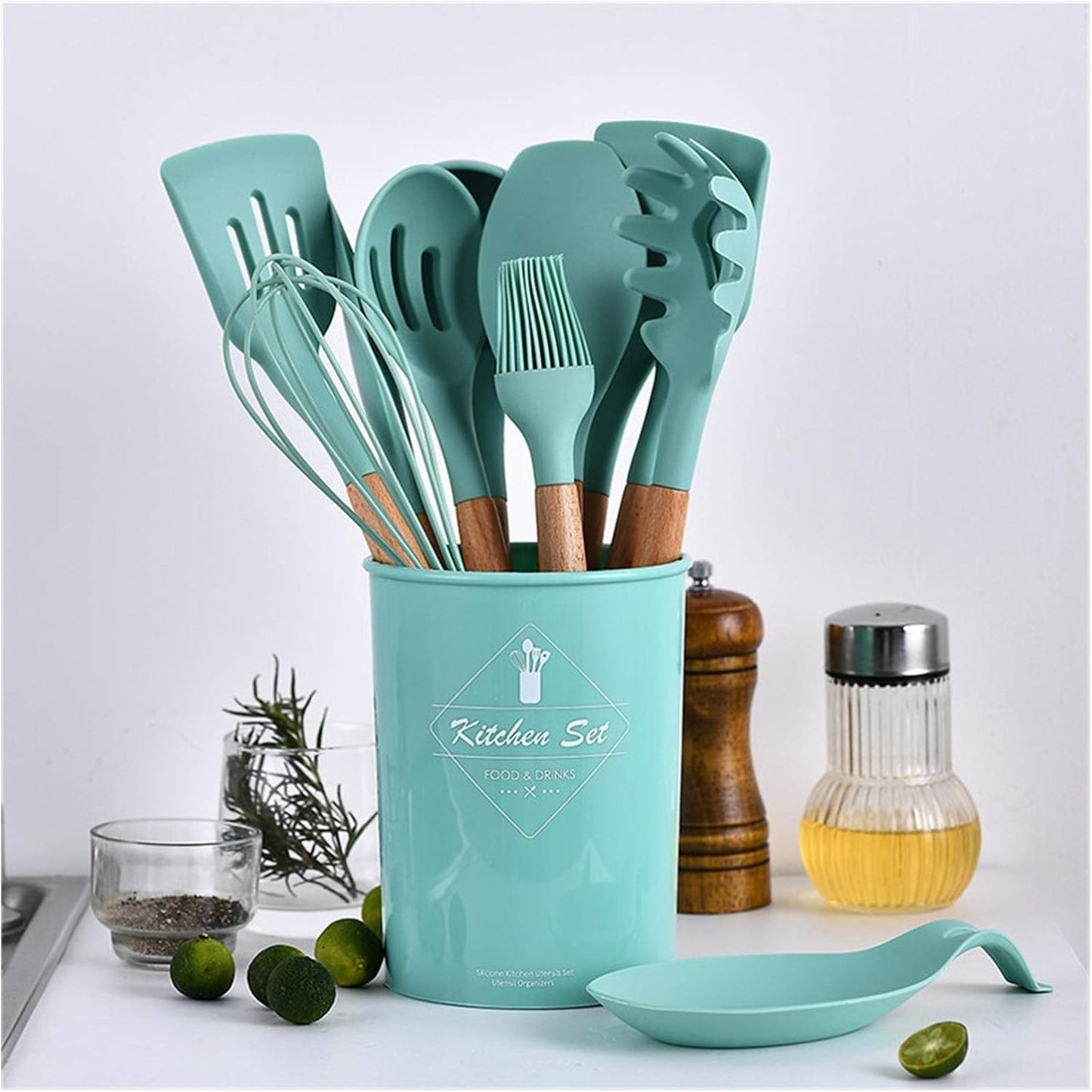Set 12 Utensilios Cocina Silicona/Madera Premium Verde Claro