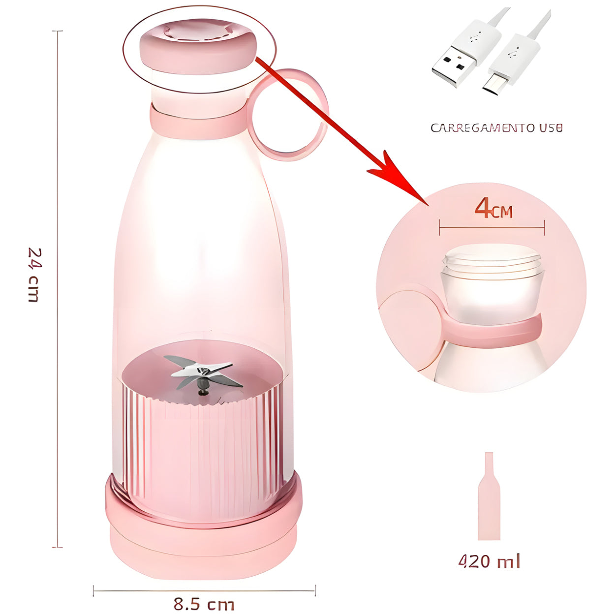 Juguera Vaso Portátil USB Recargable 420ml Rosada