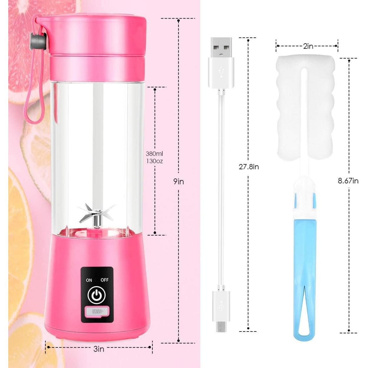 Juguera Licuadora 380ml Portátil USB Recargable Rosado