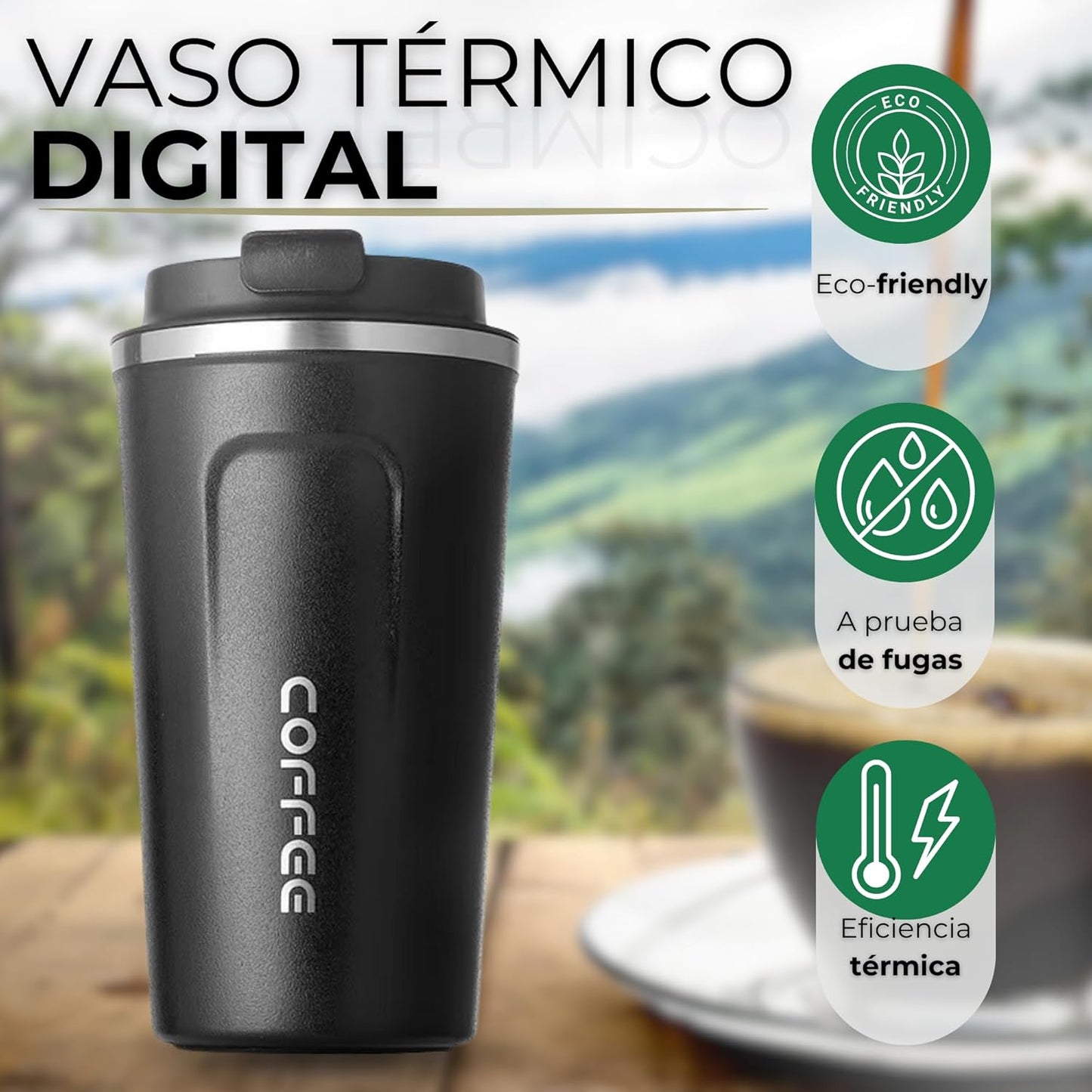 Vaso Térmico Digital 380ml Acero Inox. Negro