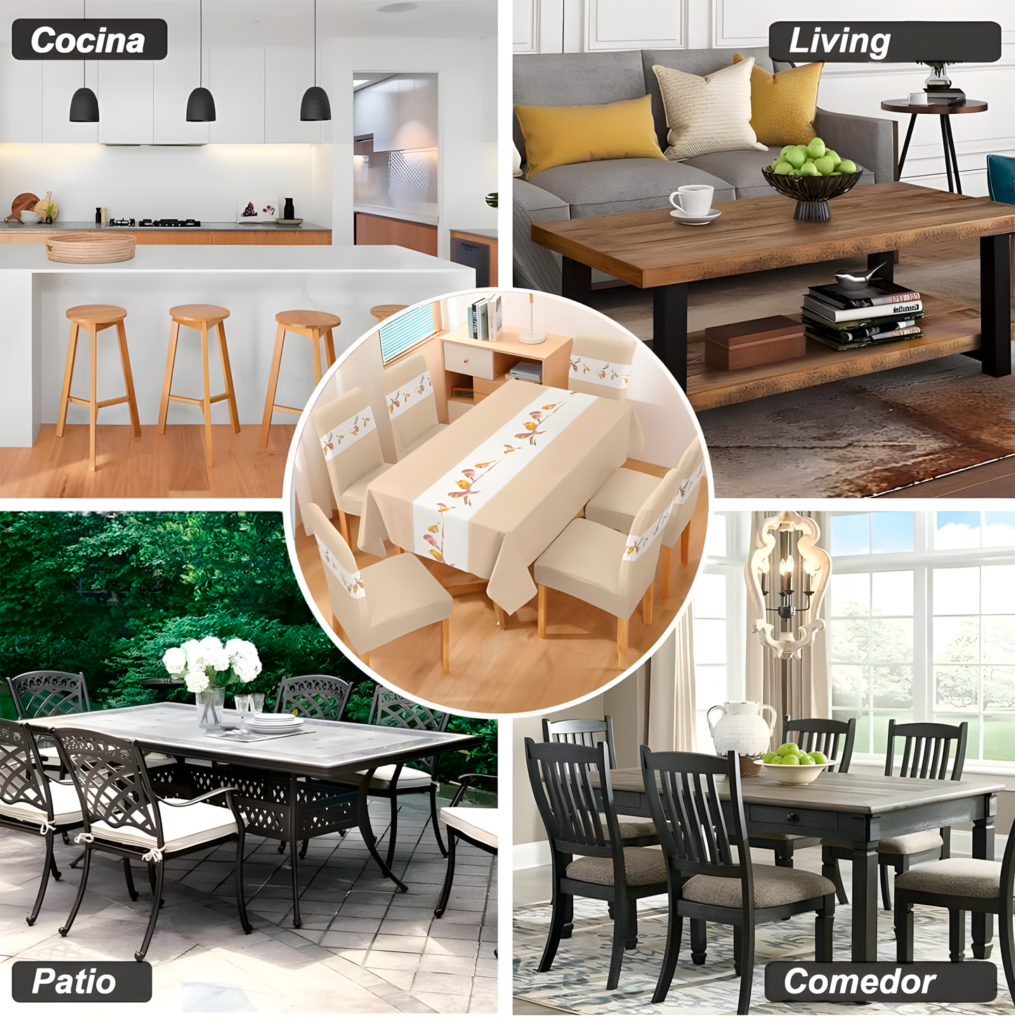Set Mantel y 6 Fundas Sillas Pack 7 Pzas Elegante Crema