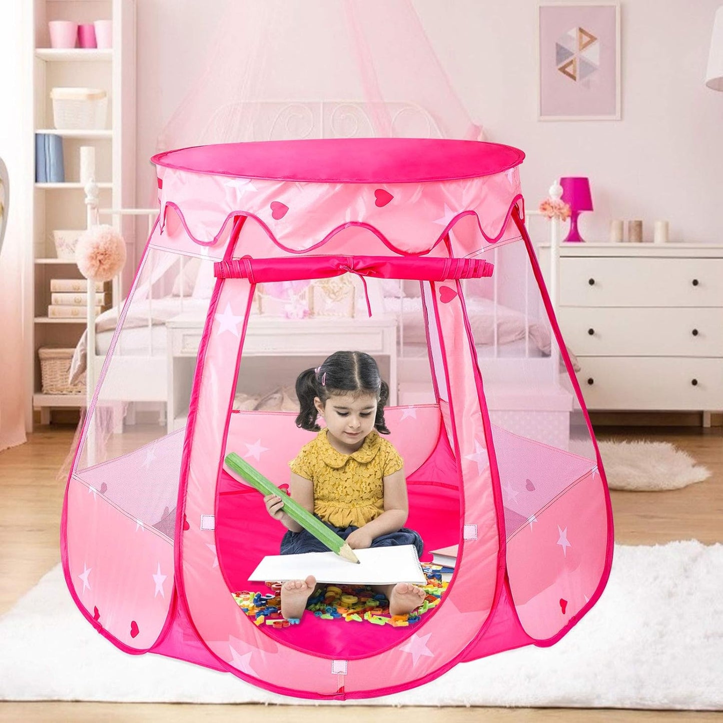 Carpa Hexagonal Plegable Portátil Niña Rosada 114x92cm