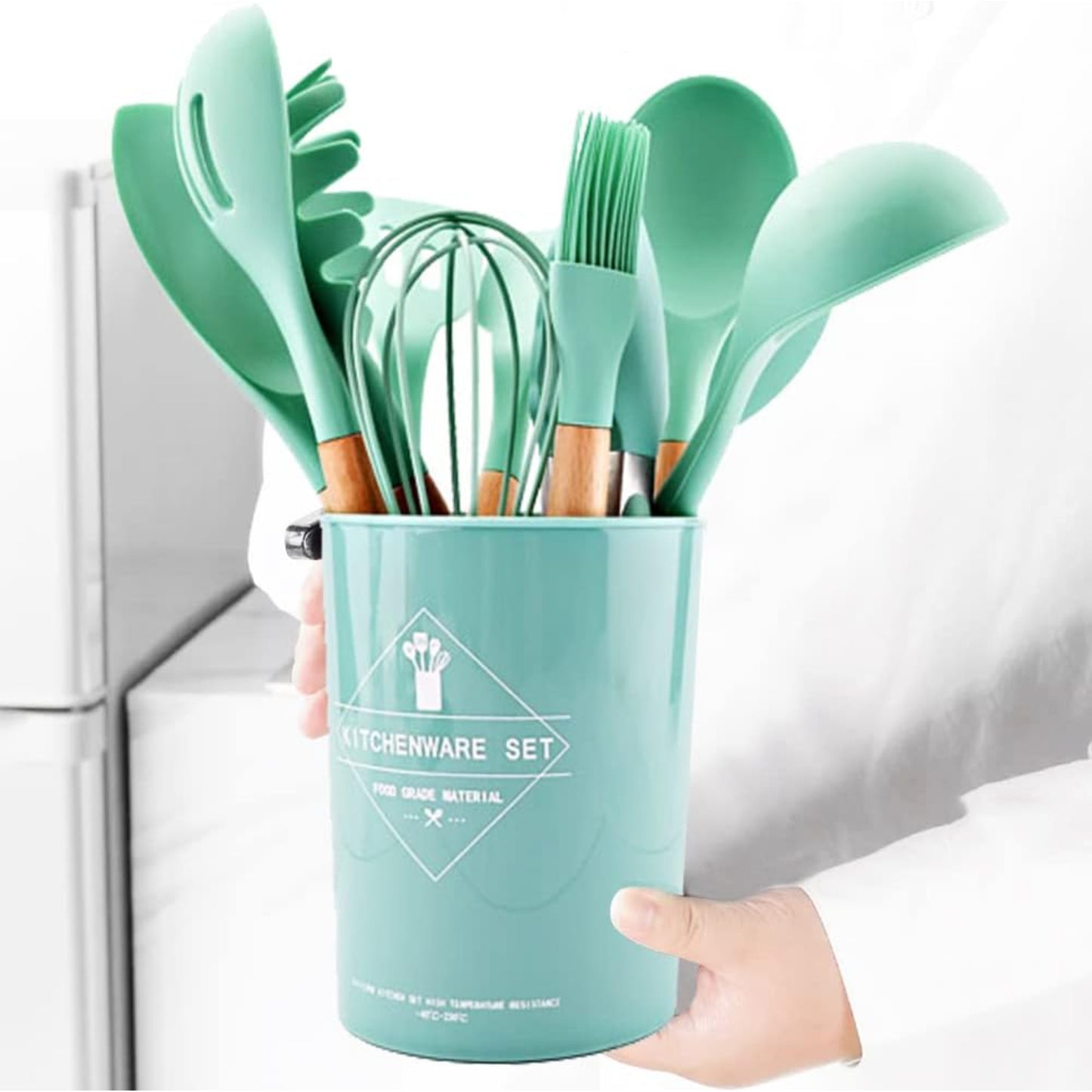 Set 12 Utensilios Cocina Silicona/Madera Premium Verde