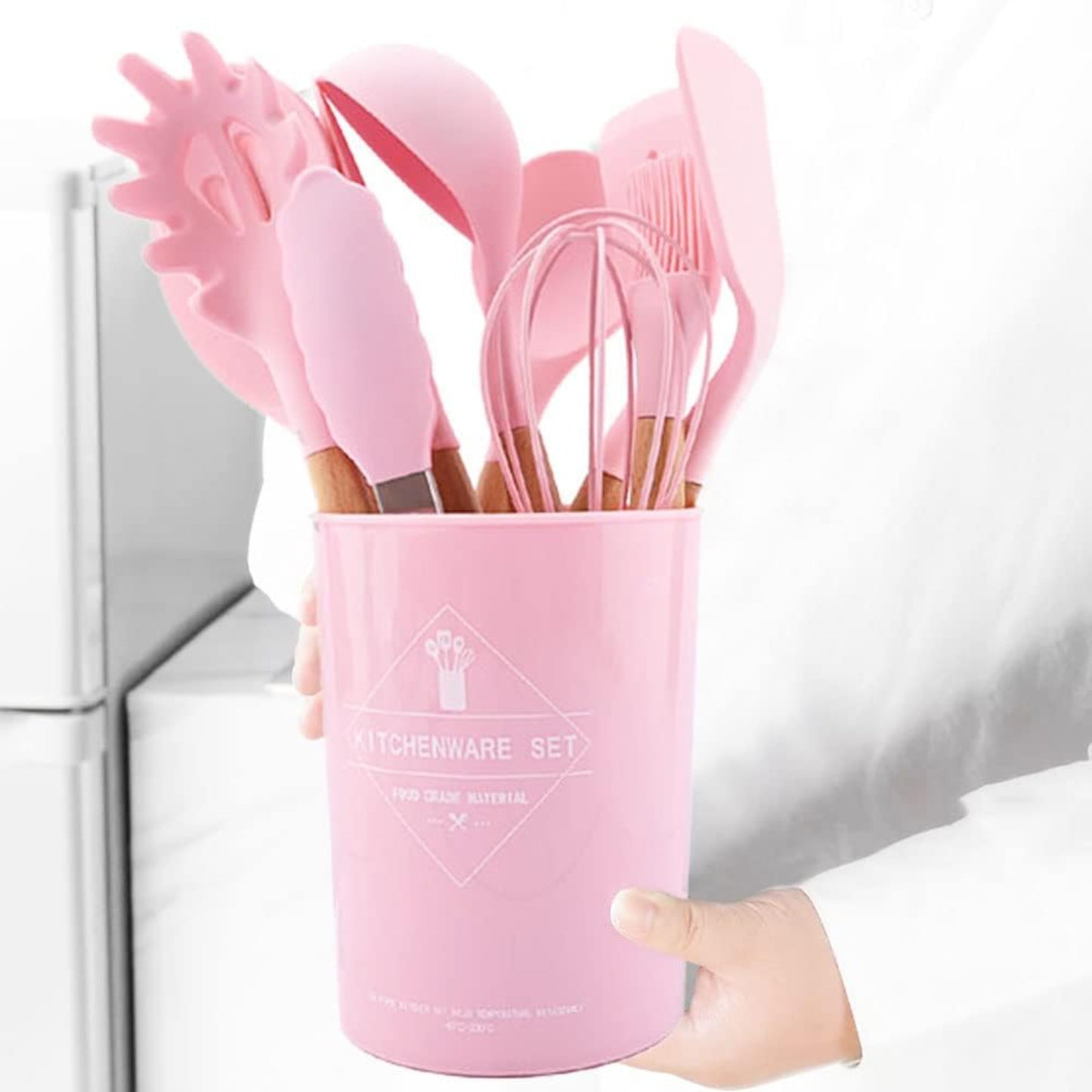 Set 12 Utensilios Cocina Silicona/Madera Premium Rosado