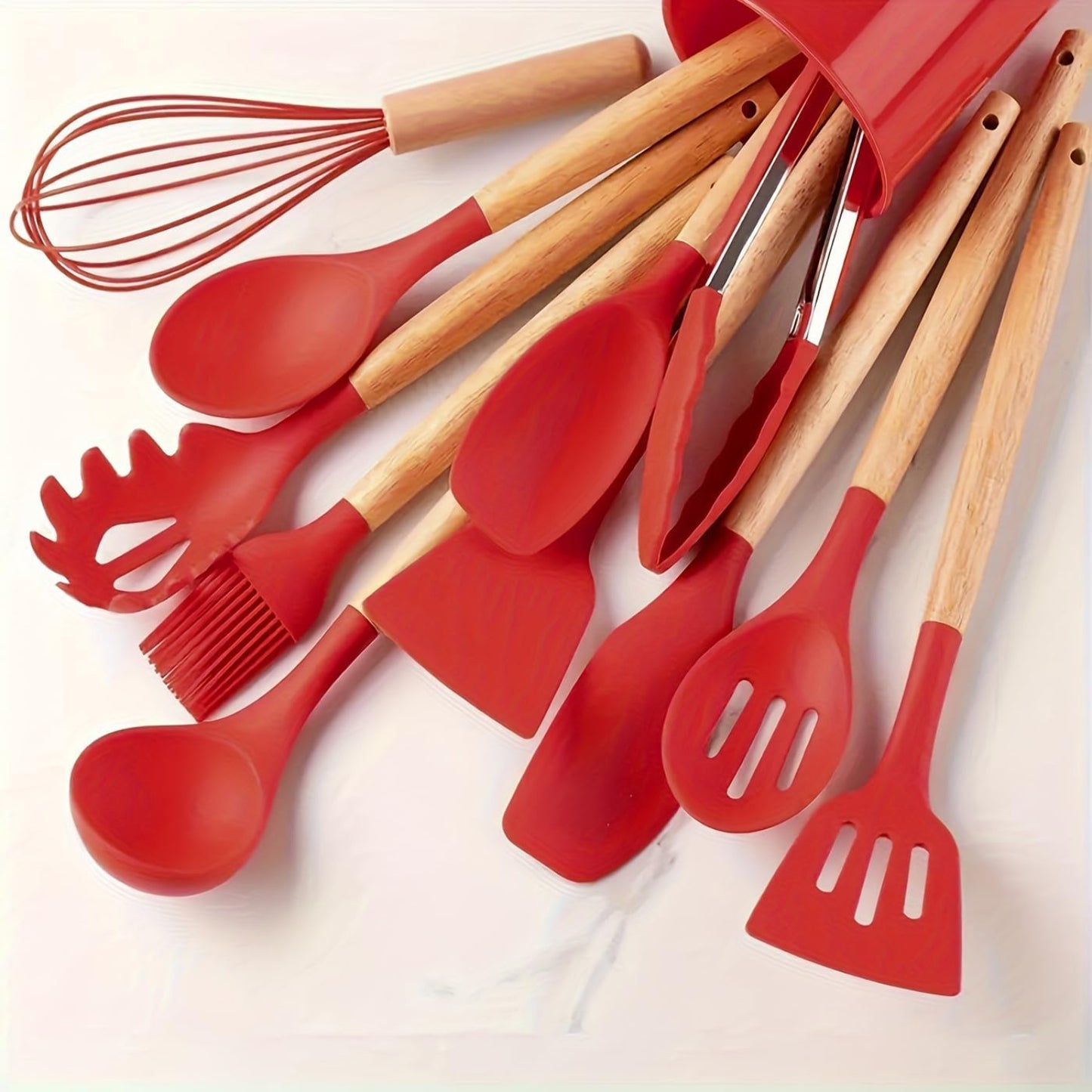 Set 12 Utensilios Cocina Silicona/Madera Premium Rojo
