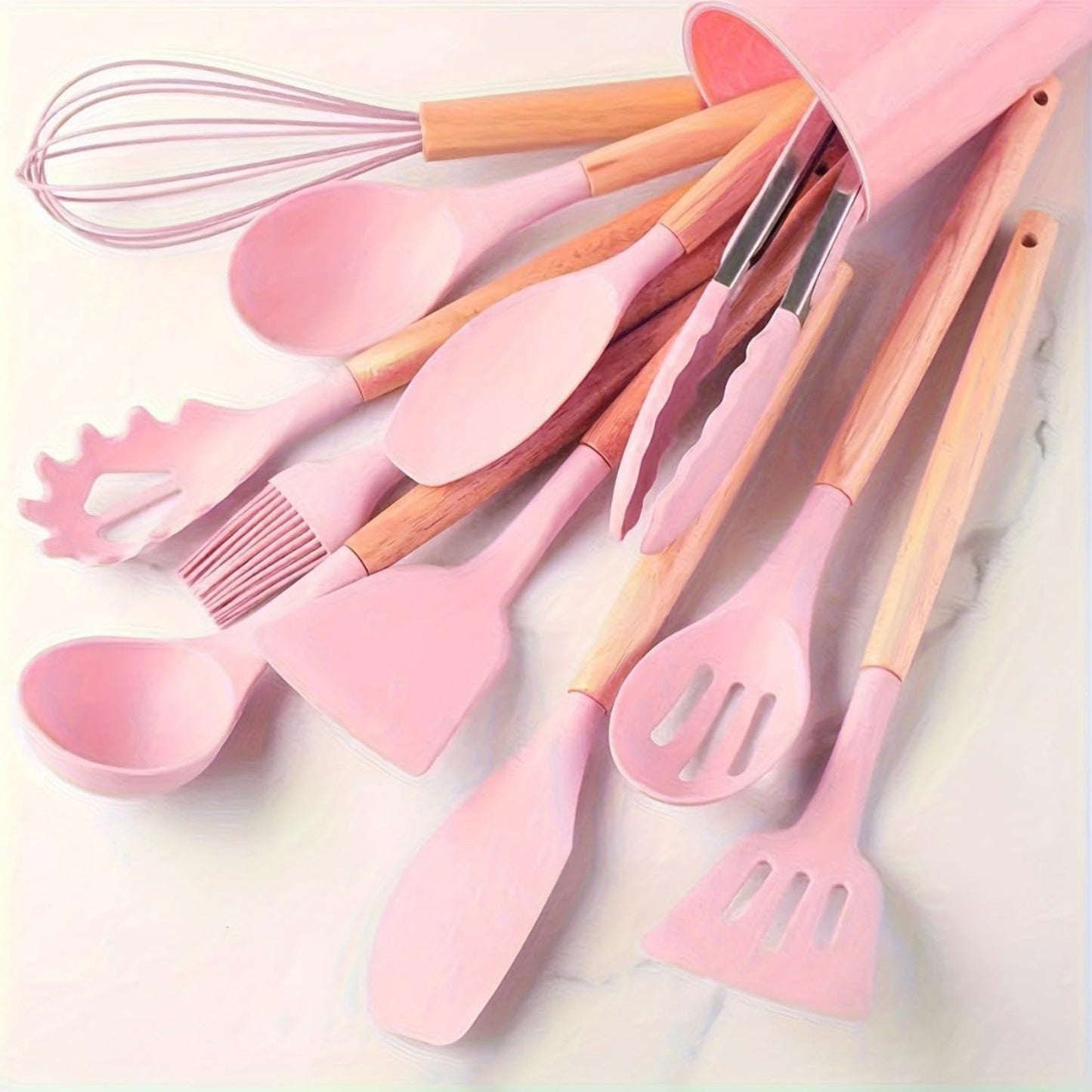 Set 12 Utensilios Cocina Silicona/Madera Premium Rosado