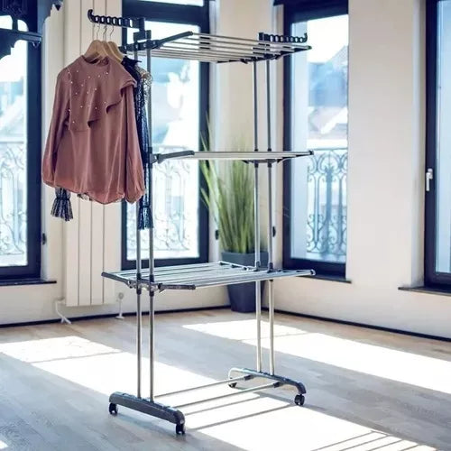 Tendedero Plegable 3 Niveles Ruedas Acero Organiza Ropa