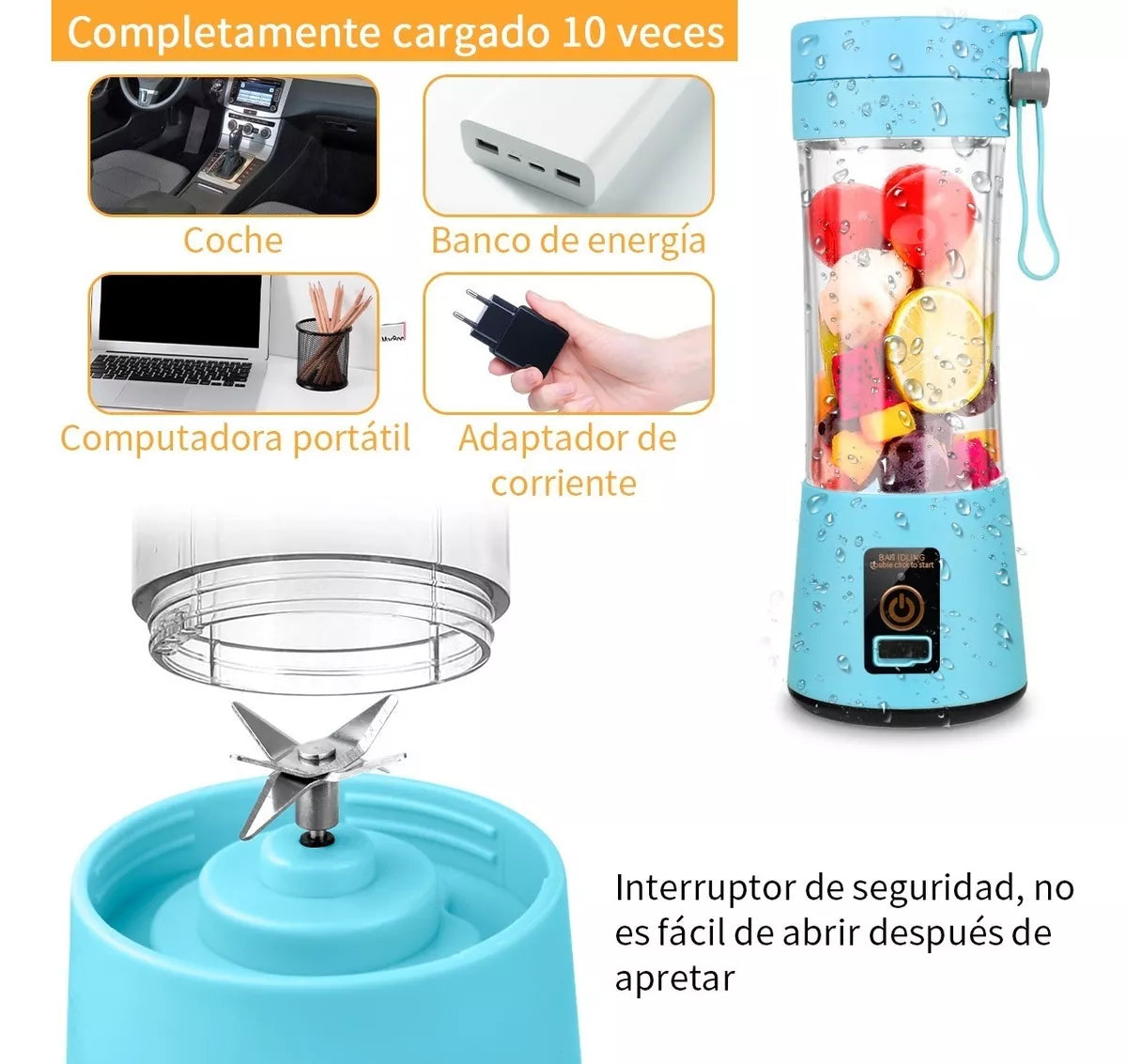 Juguera Licuadora 380ml Portátil USB Recargable Celeste