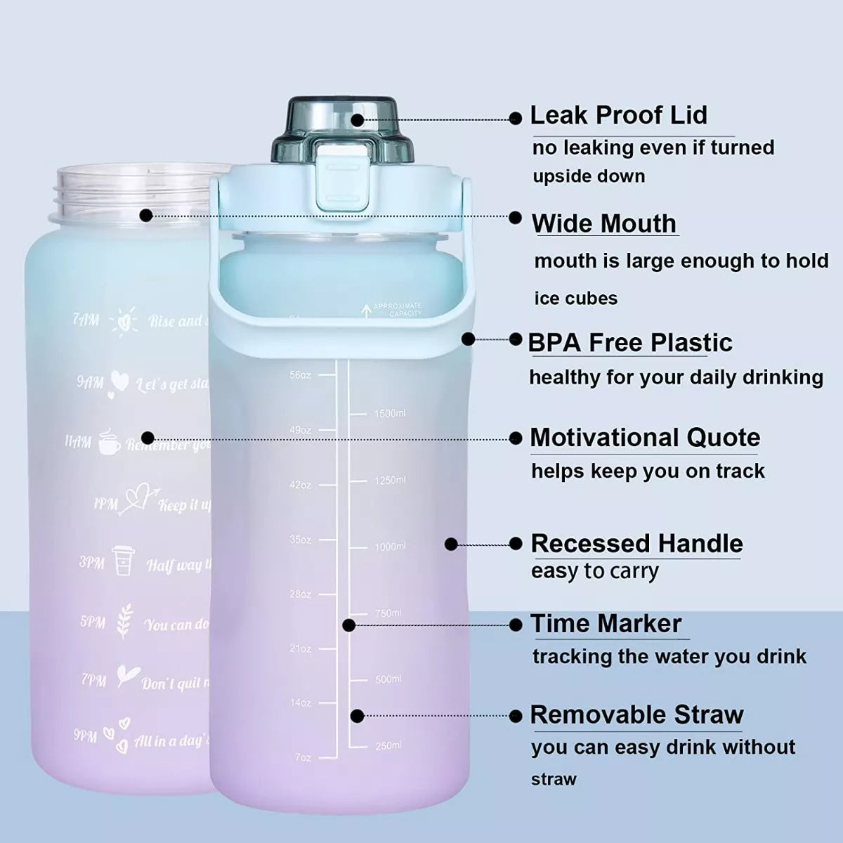 Botella Agua Deporte Motivacional 2 Litros con Bombilla