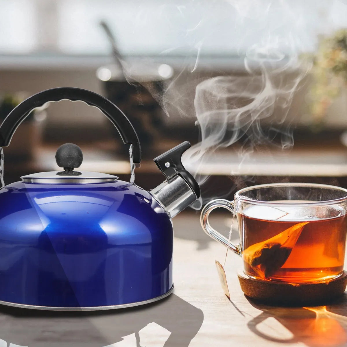 Tetera Acero Inox 1.8L Silbato Abre Fácil Cocina Azul