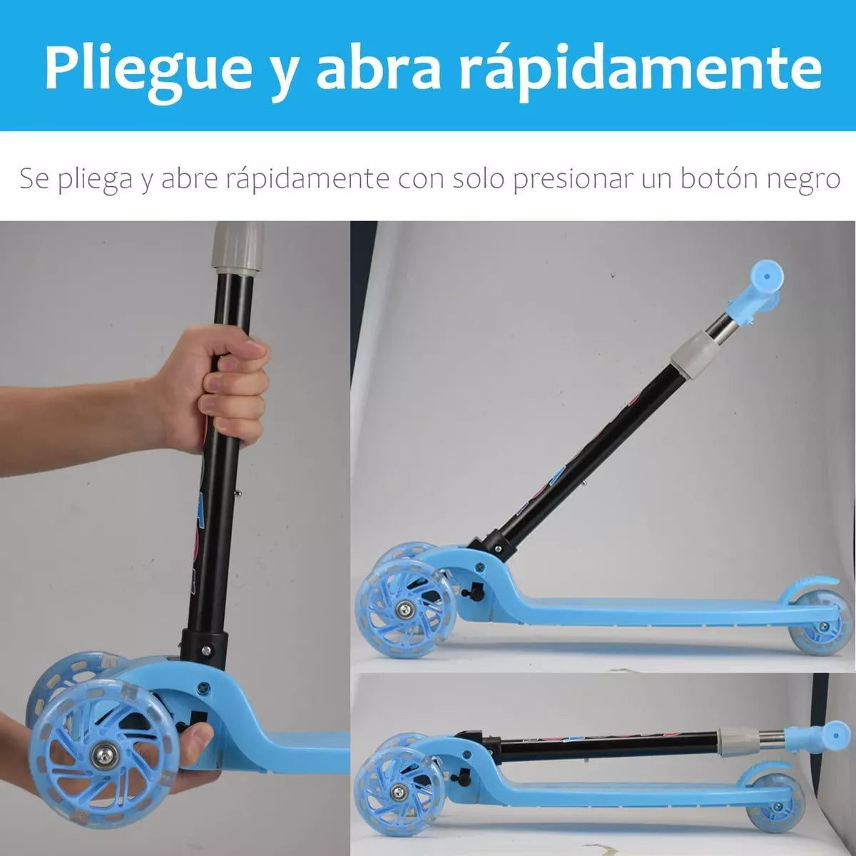 Scooter Monopatín Niños Regulable Luces LED Freno Celeste