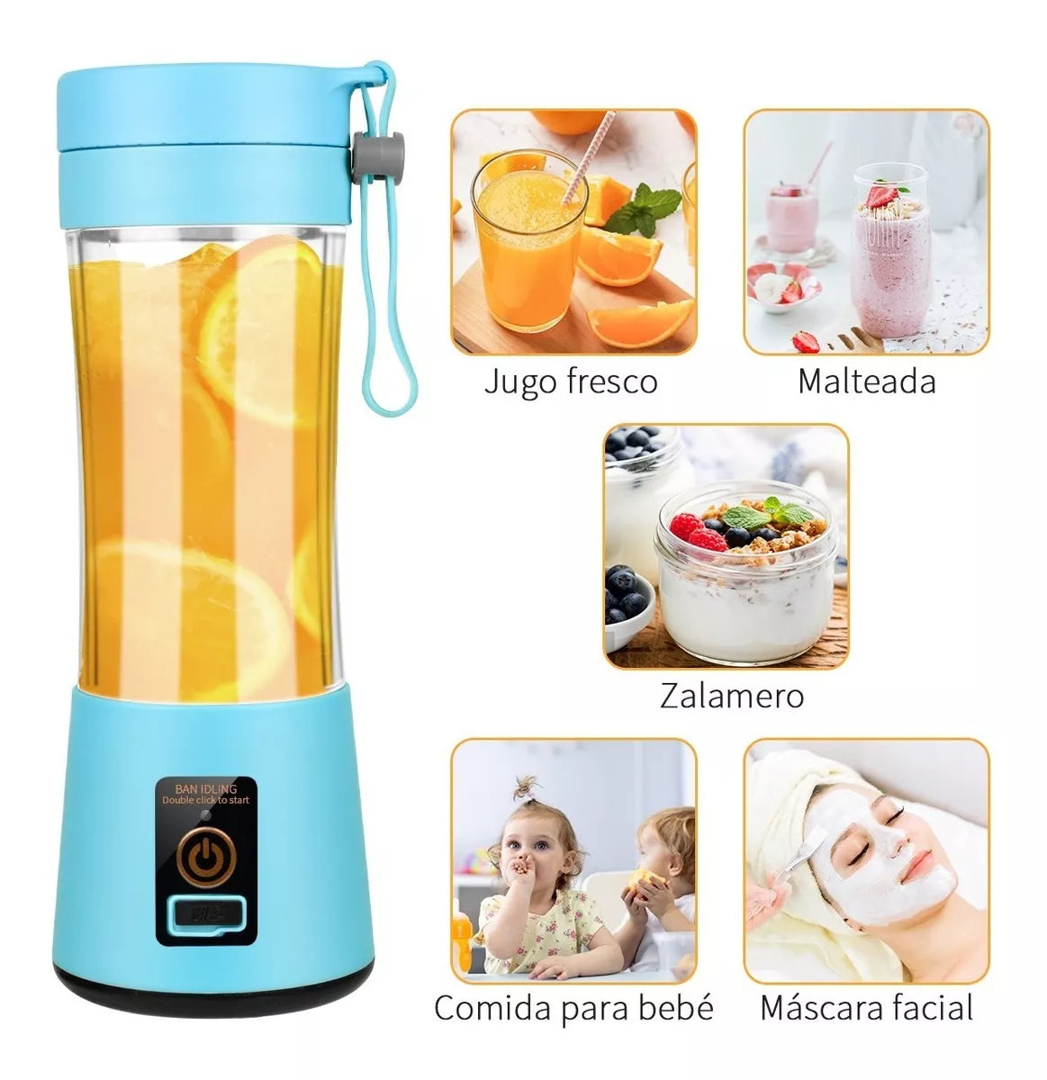Juguera Licuadora 380ml Portátil USB Recargable Celeste