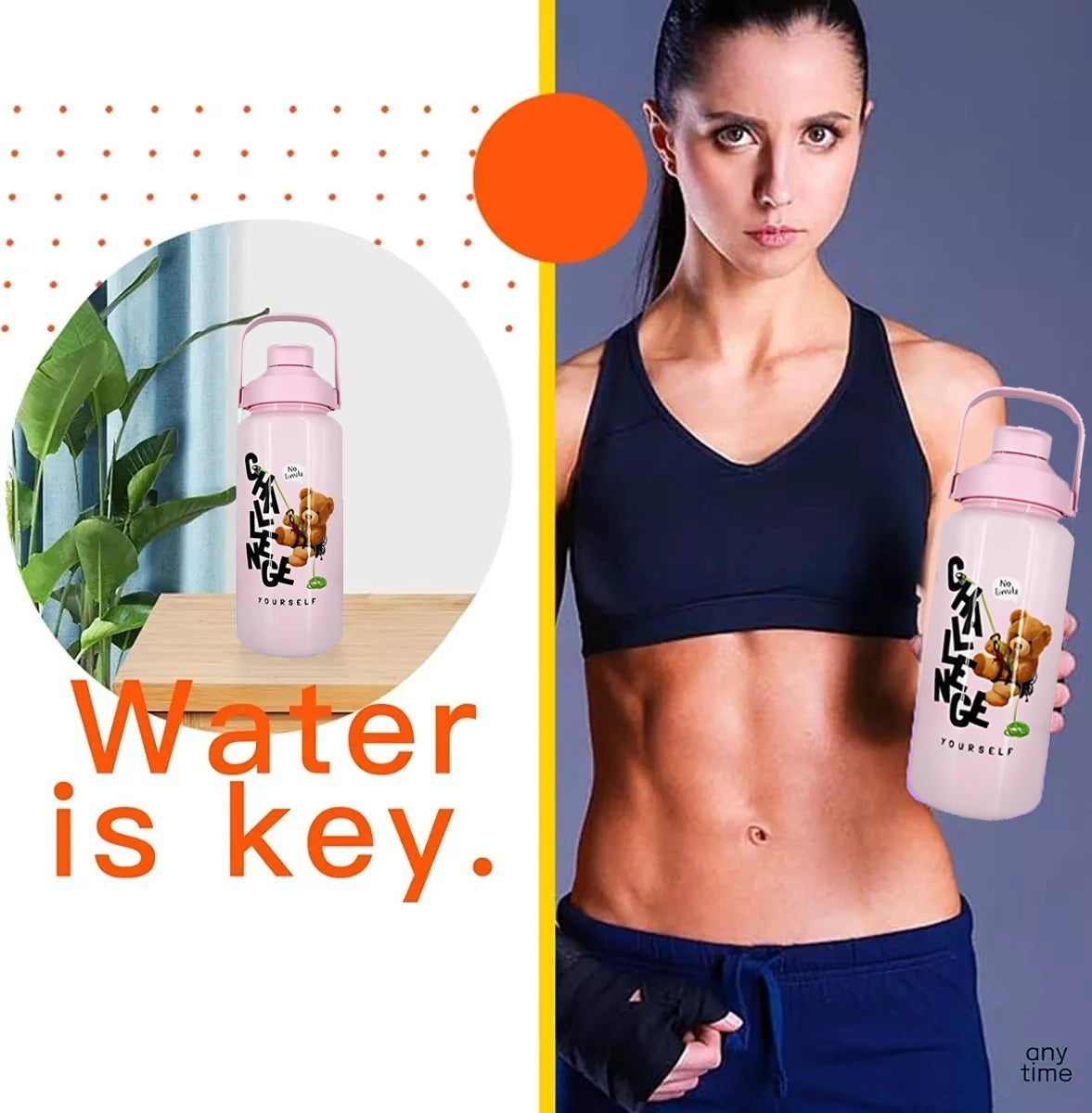 Botella Agua Deporte Motivacional 2 Litros con Bombilla