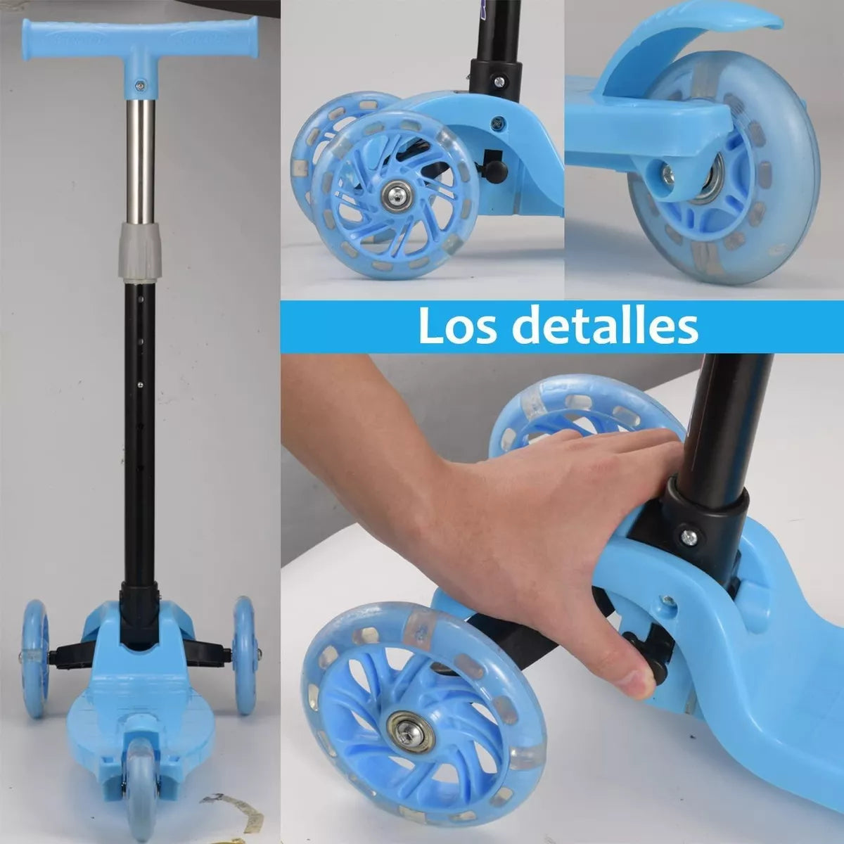Scooter Monopatín Niños Regulable Luces LED Freno Celeste