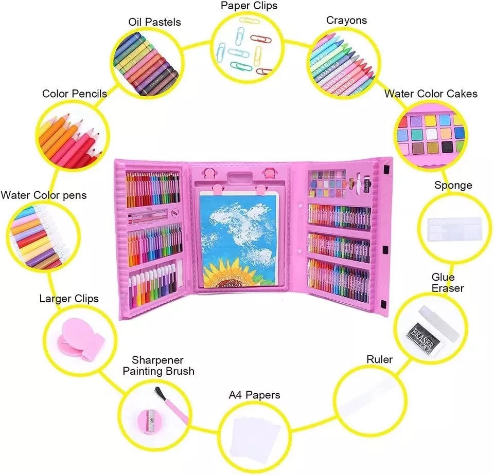 Maleta Set Arte Niños 208 Piezas Dibujo Portátil Rosado