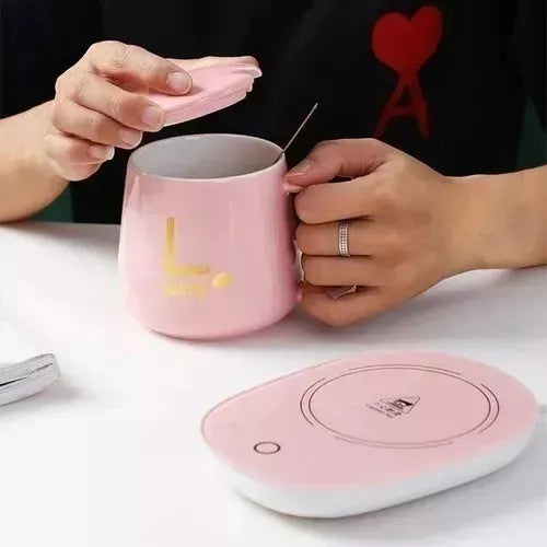 Taza C/ Calentador Eléctrico + Cuchara y Caja Rosada