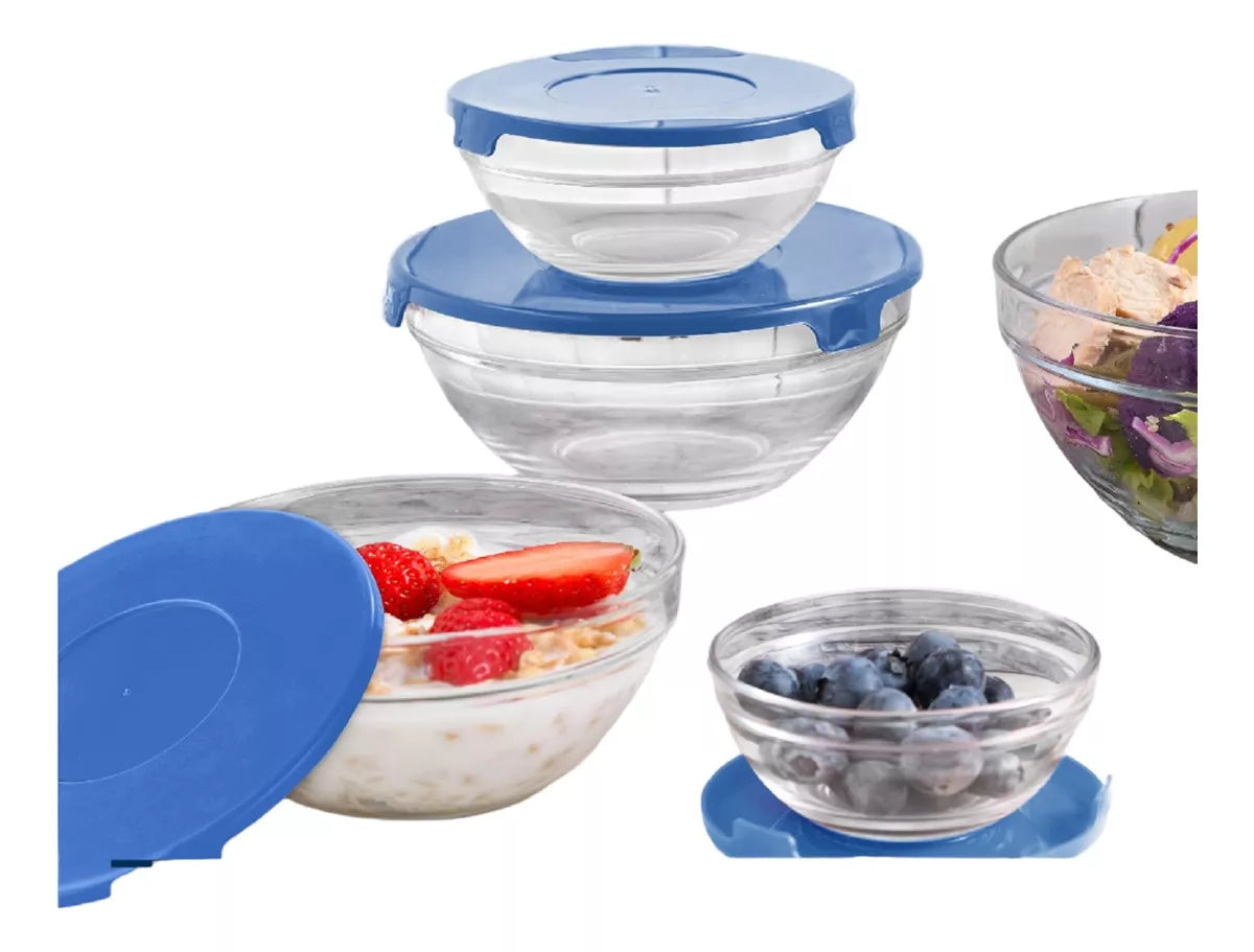 Set 5 Fuentes Vidrio C/Tapa Hermética Alimentos Cocina