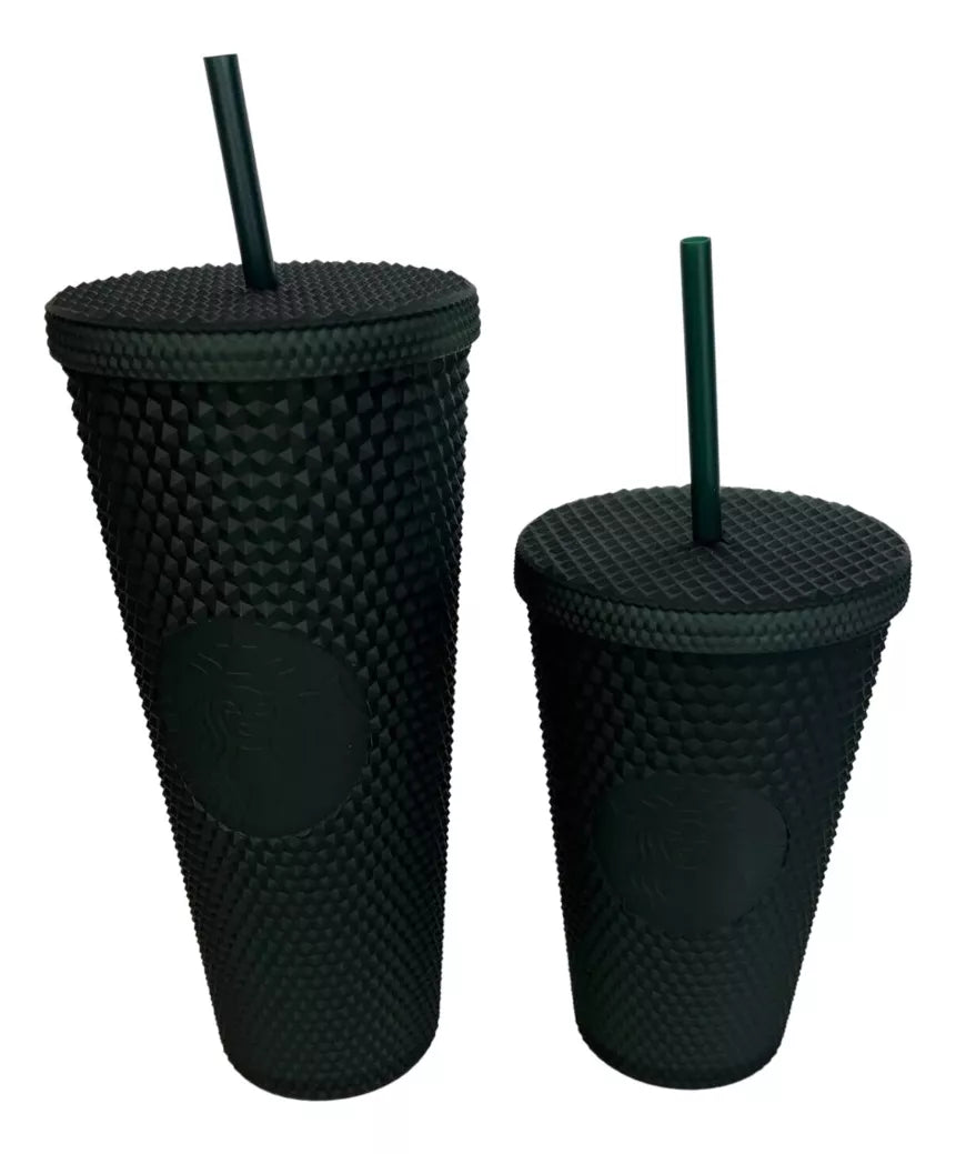 Pack 2 Vasos Tipo Starbucks 700+1000ml Bombilla Negros