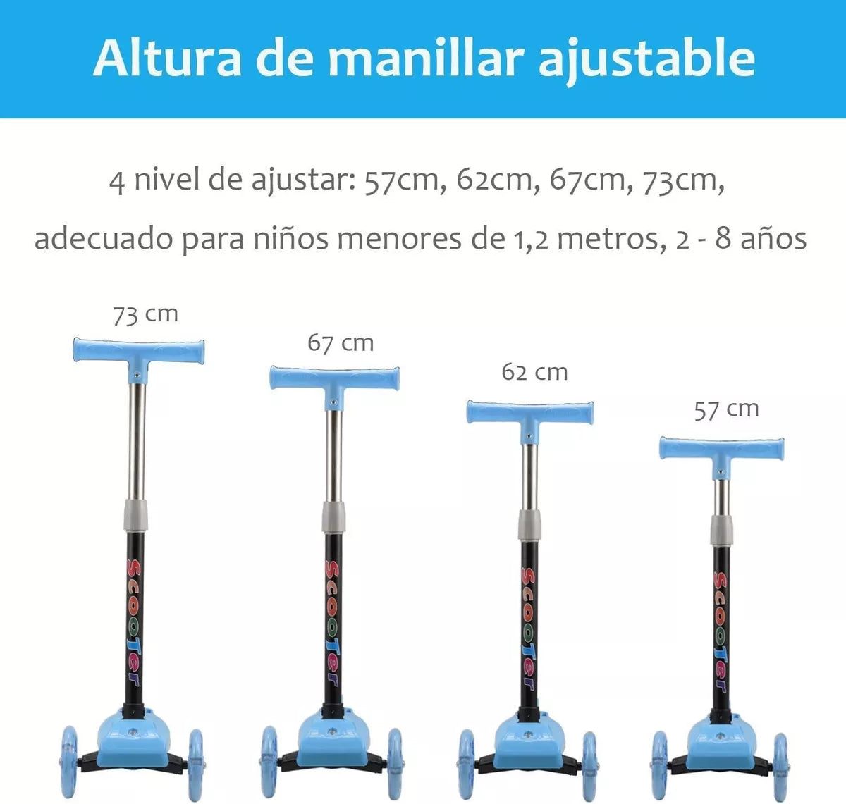 Scooter Monopatín Niños Regulable Luces LED Freno Celeste