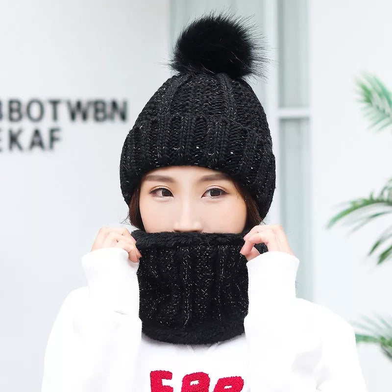Set Gorro Lana Pompón + Cuello Chiporro Invierno