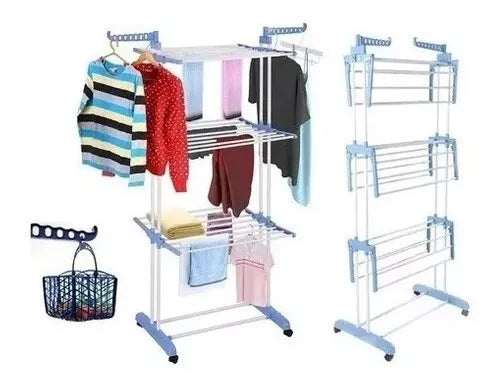 Tendedero Plegable 3 Niveles Ruedas Acero Organiza Ropa