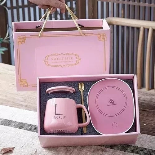 Taza C/ Calentador Eléctrico + Cuchara y Caja Rosada