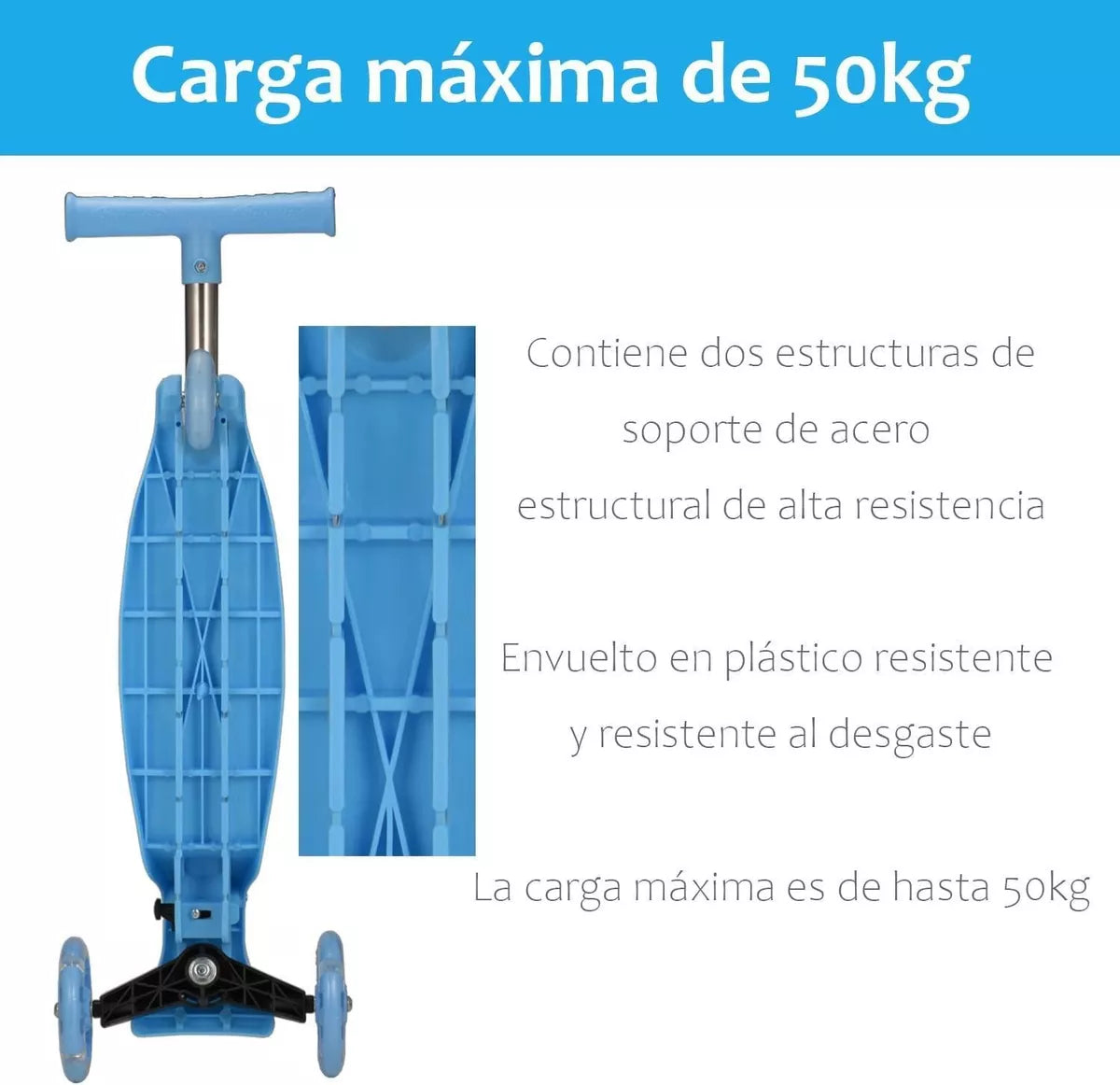 Scooter Monopatín Niños Regulable Luces LED Freno Celeste